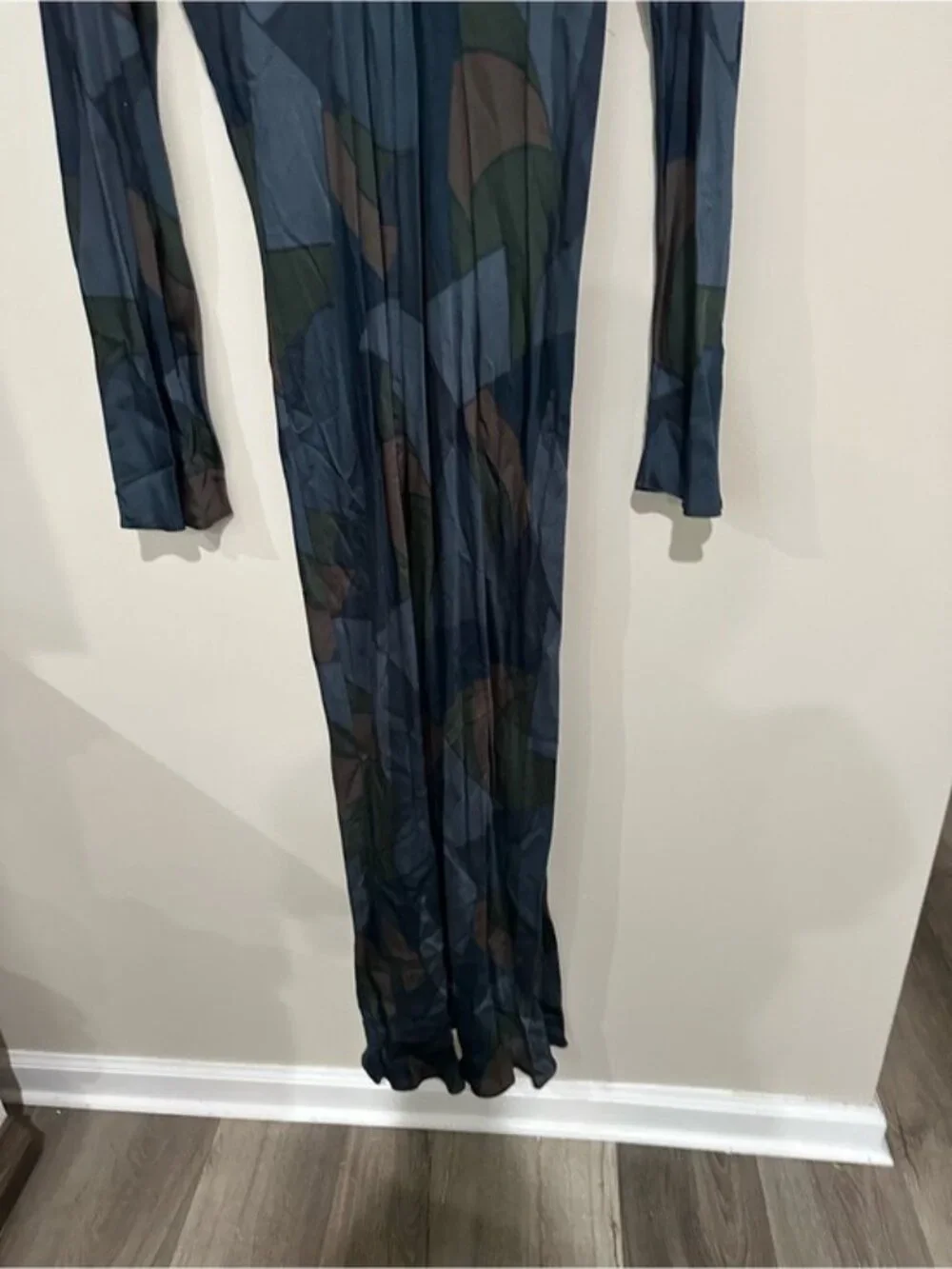 Zara Blue Green Abstract Print Maxi Dress XL Long Sleeve Viscose Art Deco - Picture 4 of 10